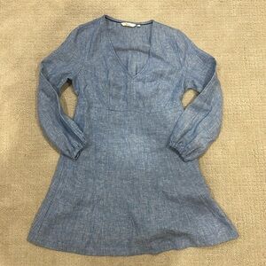 Boden Blue Linen Long Sleeve V-neck Babydoll Dress Size 10p Classic Chic